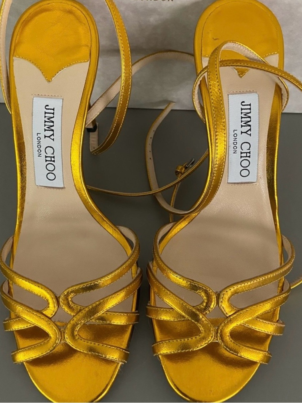 Jimmy Choo Metallic Yellow-Gold Strappy Heeled Sandals